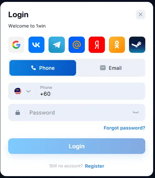 1win Casino Login Form